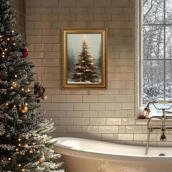 Fantasy Artists Christmas Framed Canvas Wall Art, Lighted Christmas Tree in Snowy Forest Gold Frame Print, Vintage Winter Holiday Decor for Living Room Bedroom Entryway, Ready to Hang, 12" Wx16 H