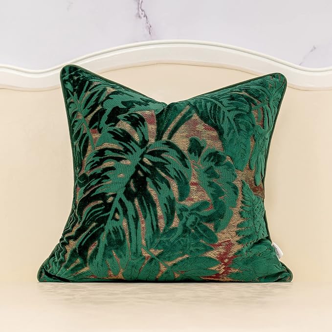 Alerfa 18 x 18 Inch Green Teal Square Maple Leaf Pillow Embroidery Cut Velvet Cushion Case Luxury Modern Lumbar Throw Pillow Cover Decorative Pillow for Couch Sofa Living Room Bedroom Car