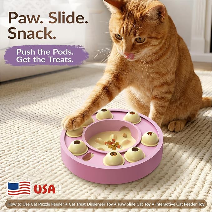 KADTC Cat Puzzle Toy, Slow Feeder, Interactive Enrichment for Indoor Cats | Eight Sliding Pods Guide Kibble Through One Outlet, Stretch Mealtime, Spark Paw-Powered Hunting, Sharpen Focus, Beat Boredom.