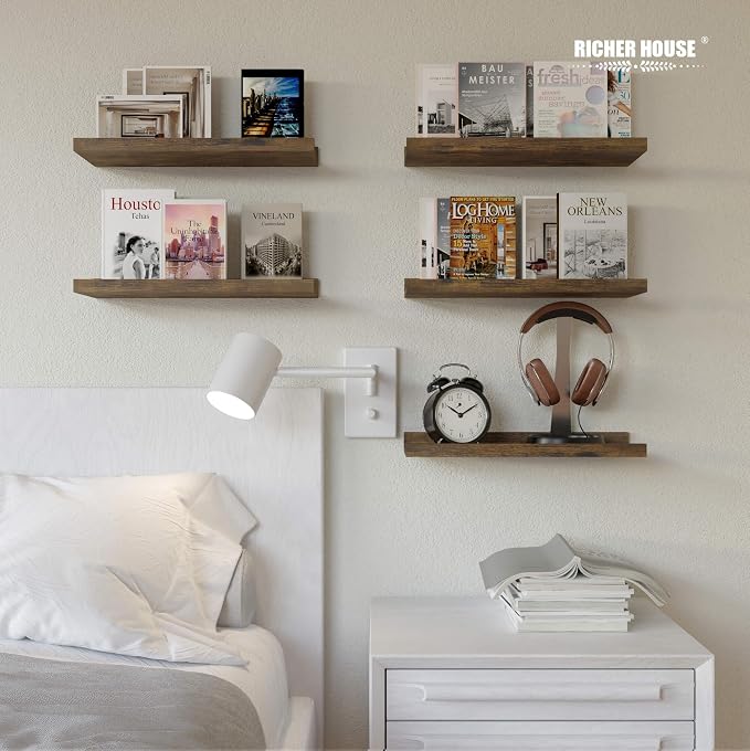 RICHER HOUSE 8-Set Floating Shelves with Lip, Rustic Brown Wall Shelf 16in | Display Picture Ledge Shelf, Anti-drop lip Shelf for Room Wall Decor, Bedroom Bathroom Storage Nursery Hanging Book Shelves