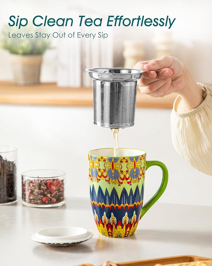 vancasso Ceramic Tea Cup with Infuser and Lid, 18 Ounce Tea Infuser Mug for Loose Leaf Tea, Microwave & Dishwasher Safe, Bohemian Mandala, Gift for Tea Lovers, Mint Petal Whirl