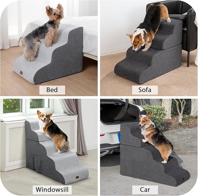 Garnpet Dog Stairs for Couch Sofa and Chair, 3-Step Dog Steps for Small Dogs and Cats, Non-Slip Indoor Pet Step, Light Grey