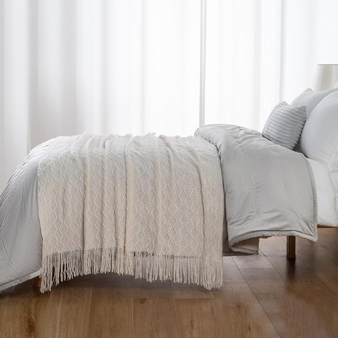 BATTILO HOME Ivory White Throw Blankets for Couch, Off White Lightweight Decorative Blankets and Throws, Boho Warm Knit Blanket for Men and Women, 50"x60"