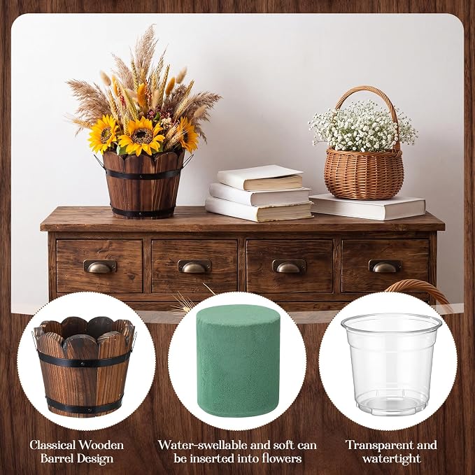 6 Pcs Rustic Wood Whiskey Barrel Planter with Removable Plastic Liners & Floral Foam Blocks, Farmhouse Decor for Wedding Table, Home, Garden, Kitchen & Party Centerpieces (Trendy)