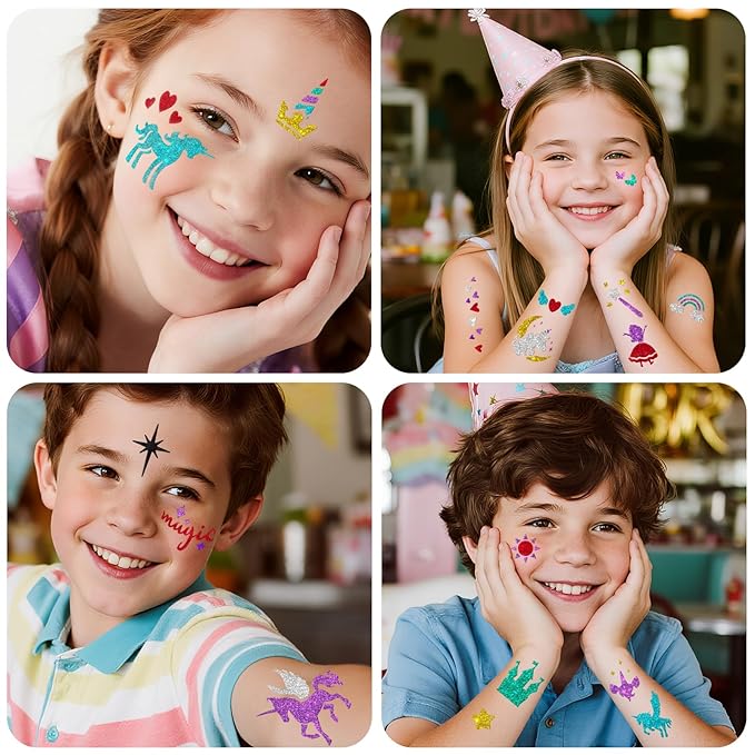 Temporary Tattoo Markers for Skin, 8 Temporary Tattoo Markers + 142 Princess Rainbow Tattoo Stencils for Kids Adults, Flexible Brush Tip & Bright Colors Marker and Tattoo Stencil Set for Party Favor