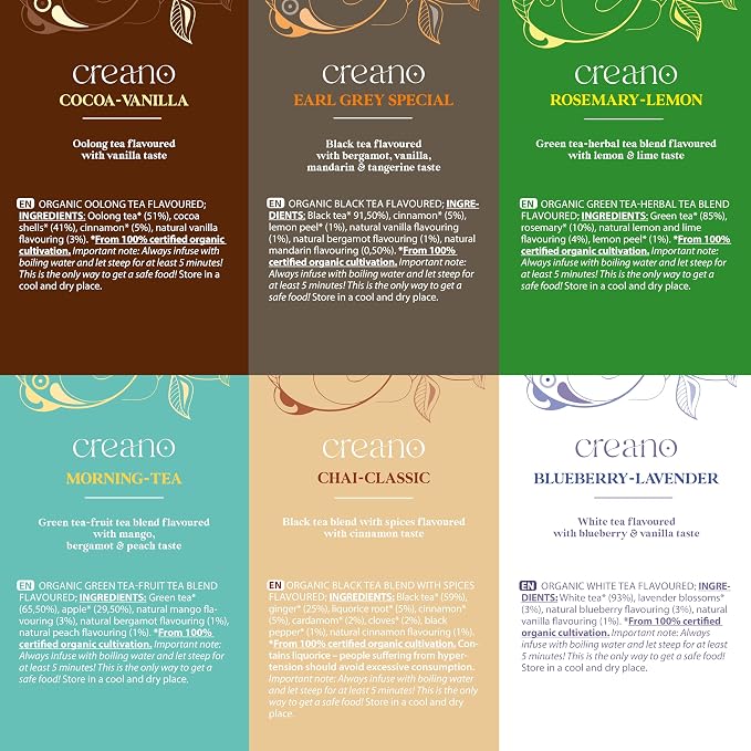 Creano Organic Tea Gift Set – 48 Organic Tea Bags in 6 Dreamy Varieties – 96 g*