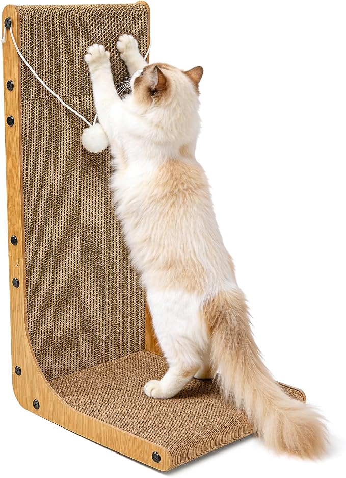 Cardboard Cat Scratcher, 23.6 Inch Cardboard Cat Scratching Post with Fuzzy Ball, Reversible Scratching Pad for Indoor Cats
