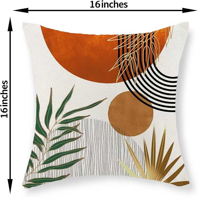 Boho Pillow Covers 16x16 Set of 2 Green Gold Orange Throw Pillows Tropical Leaves Sunset Modern Mid Century Decorative Pillowcase Outdoor Bohemian Linen Cushion Case for Couch Sofa Bed Decor