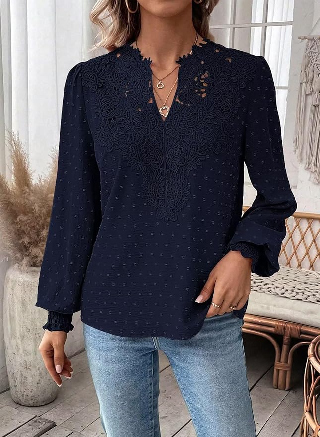 Womens Tops Swiss Dot Boho Long Sleeve Shirts V Neck Casual Chiffon Blouses Flowy Lace Hem Cute Clothing Trendy 2026