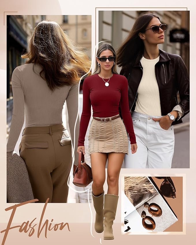 Ficerd 3 Pack Women's Ribbed Long Sleeve Tops, Crew Neck Slim Fit Undershirts Knit Basic Casual Stretch Layering Tee Shirts