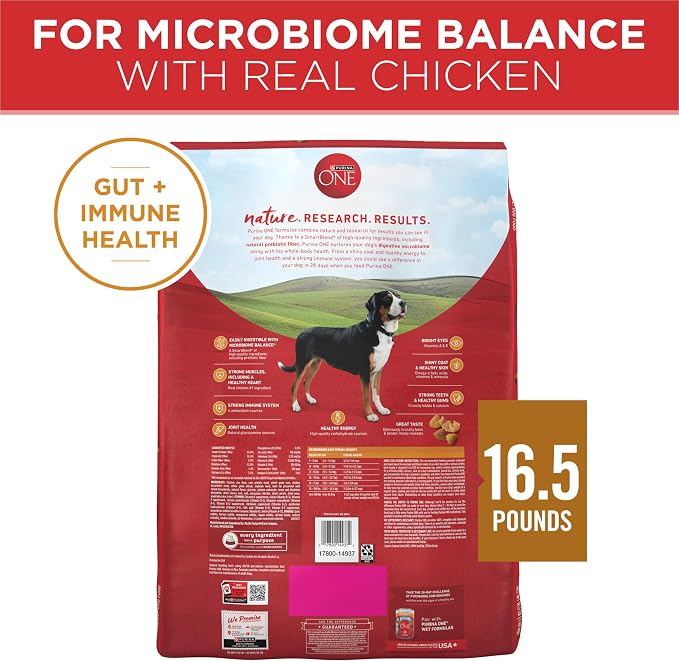 Purina ONE Chicken & Rice Formula Dry Dog Food, 16.5 lb Bag | High protein dog food with a microbiome balance and SmartBlend of ingredients like prebiotic fiber for gut and immune support
