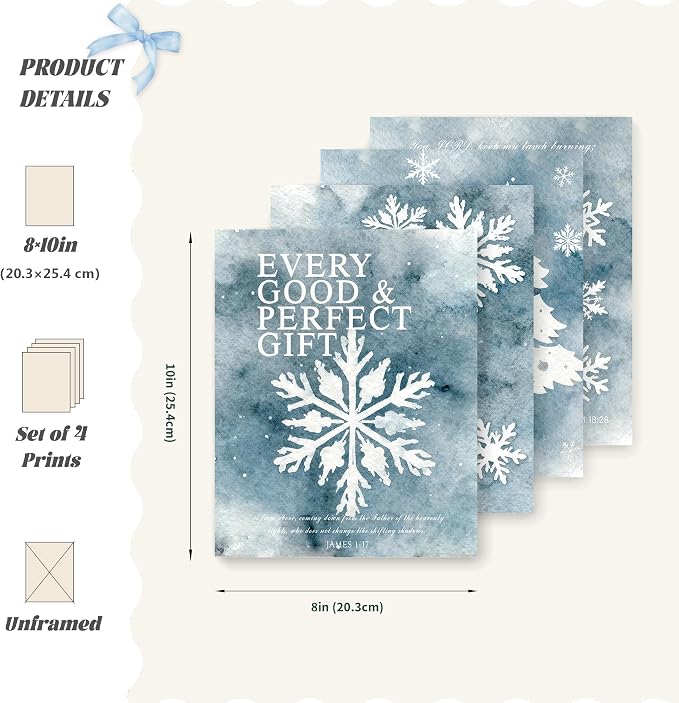 LARTSFRO Christmas Winter Gifts Wall Art Decor Posters, Christmas Snowflakes Christian Room Bathroom Bedroom Dorm Wall Art Decor Aesthetic for College Teen Girls Gifts, Inspirational Bible Verses Winter Wall Decor, 10x8 Inch Set of 4 Pcs Christmas Pict...