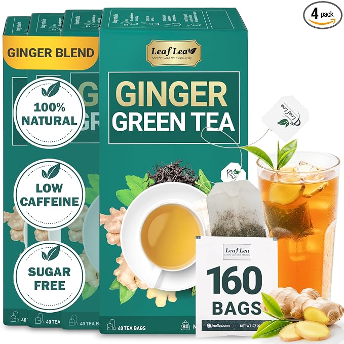 LeafLea Herbal Green Tea With Ginger, Digestion & Immune Support, 160 Count | Bulk Ginger Green Tea Blend, Best-Value Stock-Up, Stevia-Sweetened, Low Caffeine, Foil-Sealed Bags