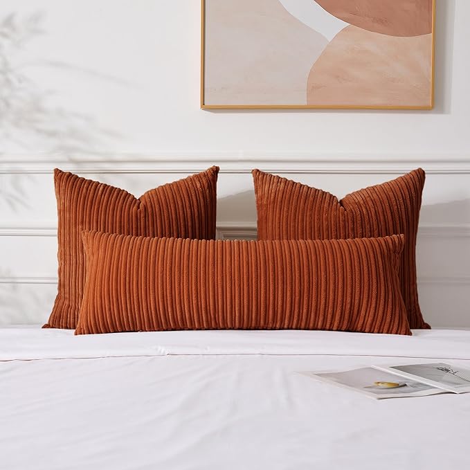 UGASA Fall 14x36 Inch Pillow Cover Pack of 1 Soft Boho Stripe Corduroy Large Long Rectangle Lumbar Cushion Case Farmhouse Decorative Throw Pilowcase for Bed, Couch, Sofa, Bedroom, Burnt Orange