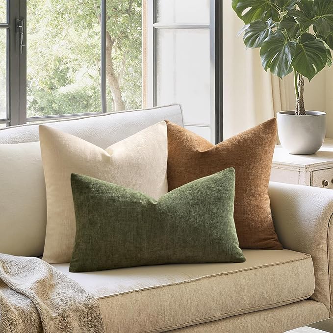 MIULEE Olive Green Chenille Couch Lumbar Throw Pillow Covers, 12x20 | Set of 2, Soft Modern Farmhouse Style, Decorative Pillowcases for Sofa Living Room Bed, Home Decor