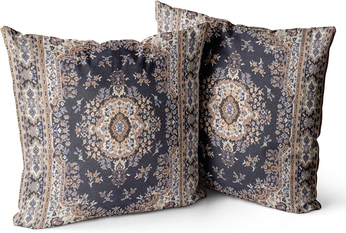 Snycler Boho Throw Pillow Covers 18x18 inch Set of 2 Black Medallion Border Area Rug Double Sided Pattern Cotton Soft Pillow Case Cushion Cover Pillowcase for Couch Sofa Bed Decorative