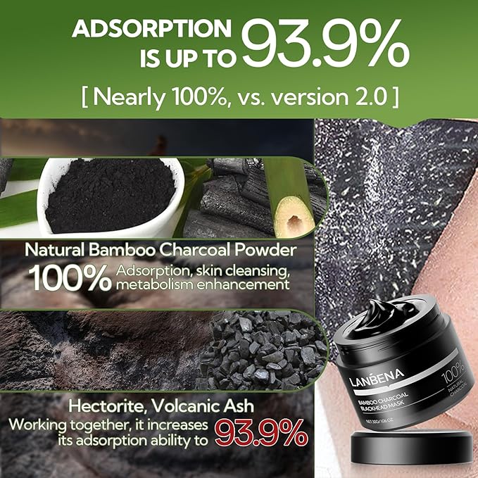 LANBENA Nose Pore Strips, 2pcs, 2% BHA(Salicylic Acid) Blackheads Remover Peel off Mask, Plants Pore Cleanser Purifying Face Mask, Unclog Pores, Oil Control, Upgraded 2.0 added Amazonian White Clay