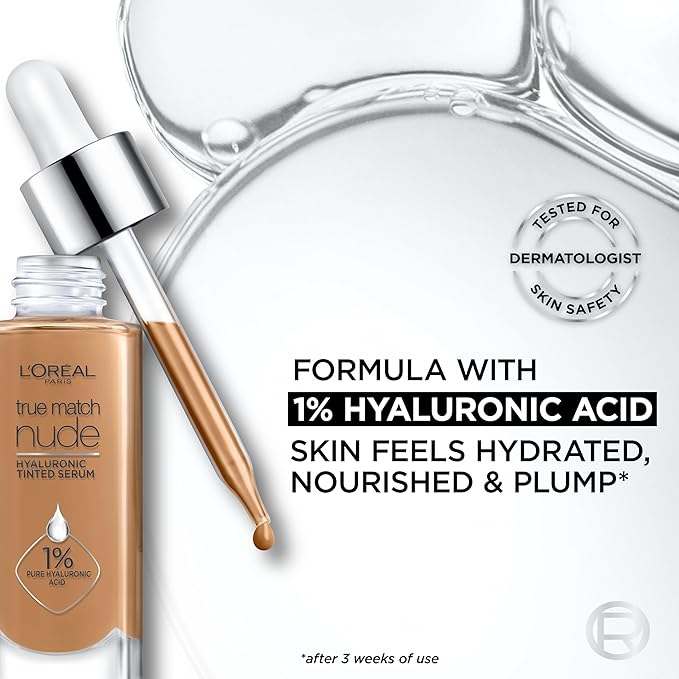 L'Oreal Paris True Match Nude Hyaluronic Tinted Serum Foundation with 1% Hyaluronic acid, Tan 6-7, 1 fl. oz.