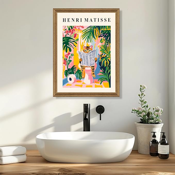 ICHZUMW Framed Funny Tabby Cat Matisse Canvas Bathroom Wall Art, 16x24 In | Humorous Cat Reading on Toilet, Girly Pink Dopamine Bathroom Wall Decor, Restroom Powder Room, Fade Resistant, Ready to Hang