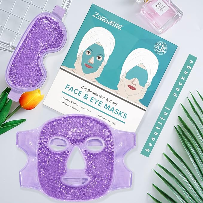 ZNÖCUETÖD Cooling Ice Face Eye Mask for Reducing Puffiness, Bags Under Eyes,Sinus,Redness,Pain Relief,Dark Circles, Migraine,Hot/Cold Pack with Soft Plush Backing (Purple(1* Eye Mask+1*Face Mask))