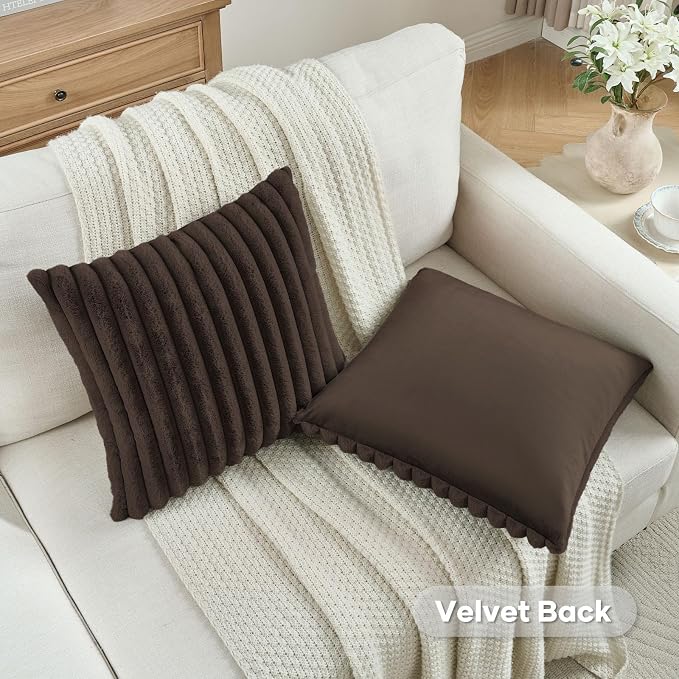 FUTEI Pack of 2 Faux Fur Throw Pillow Covers 20x20 Inch, Dark Coffee | Fluffy Faux Rabbit Fur Front/Premium Velvet Back,Hidden Zipper,Machine Washable,Non-Shedding,Colorfast,Insert Not Included.