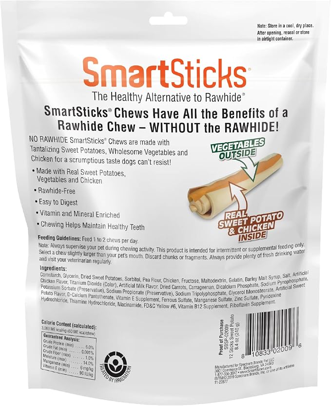 SmartBones SmartSticks Rawhide-Free Dog Treat, Real Sweet Potato, 12 Count | With Real Sweet Potatoes & Chicken, Easy To Digest Chew, Vitamin & Mineral Enriched, Supports Dental Health, For Small Dogs