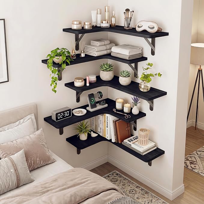 Fixwal Conner Shelves Wall Mounted for Decor, Black Set of 5 | Solid wood shelf with metal brackets, holds 40 lbs. Optimizes corner storage. Fits bathroom, kitchen, bedroom & living room.