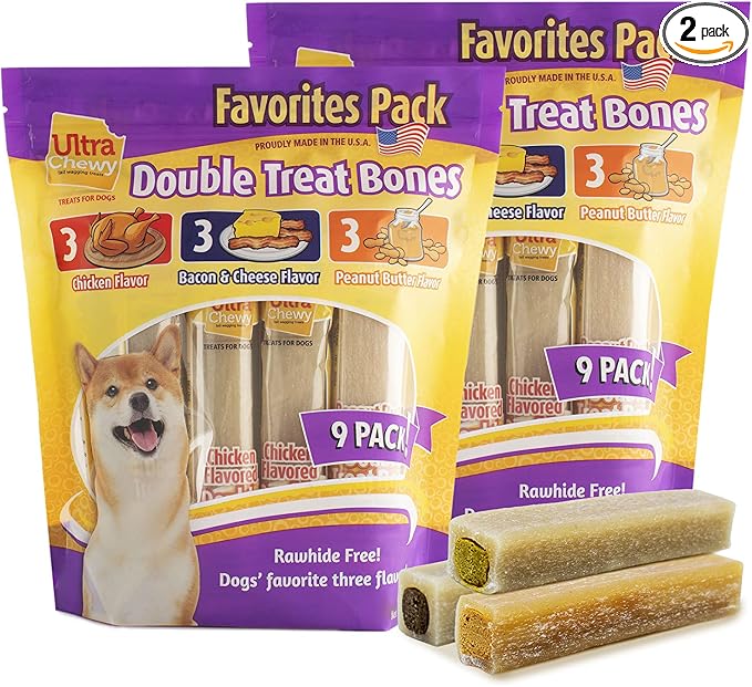 Ultra Chewy Favorites Double Treat Bones, Assorted Flavors, 2 Packs | 9 Bones Per Pack, Made in The USA, Healthy Treats, Easy to Digest, Promotes Dental Health