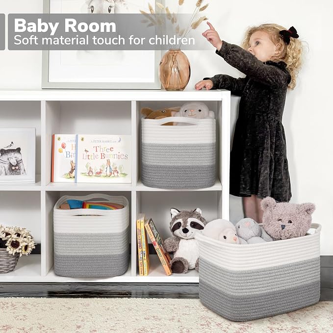 Goodpick Woven Storage Basket for Shelves, 13" x 10" x 9", Gradient Gray | Stylish Gift Basket for Home Decor, Cotton Rope Baskets for Books, Towels & Toys Storage, Bedroom & Nursery Organization