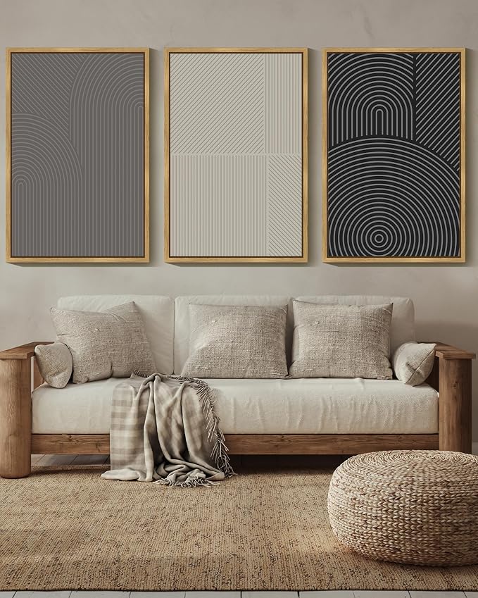 Drsoum Mid-Century Modern Framed Wall Art Large 24x36in Minimalist Abstract Boho Neutral Line Wall Decor Geometric Artwork Kitchen Dining Room Black Framed