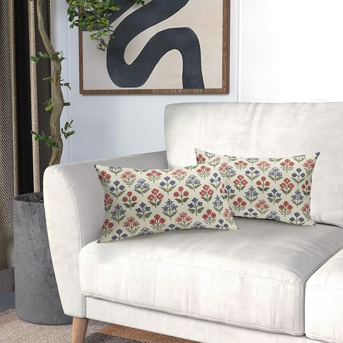 4th of July Patriotic Floral Pillow Covers 12x20 Inch Set of 2, Navy Blue Red Green Flower Block Print Decorative Throw Pillowcases Outdoor Memorial Day Holiday Cushion Covers Sofa Couch Bed Decor