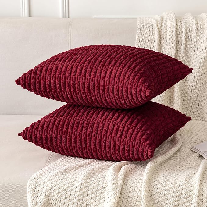 MIULEE Euro Sham Corduroy Decorative Throw Pillow Covers 24x24 Burgundy | Pack of 2 Soft Boho Striped Pillow Covers Modern Farmhouse Home Decor For Sofa Living Room Couch Bed
