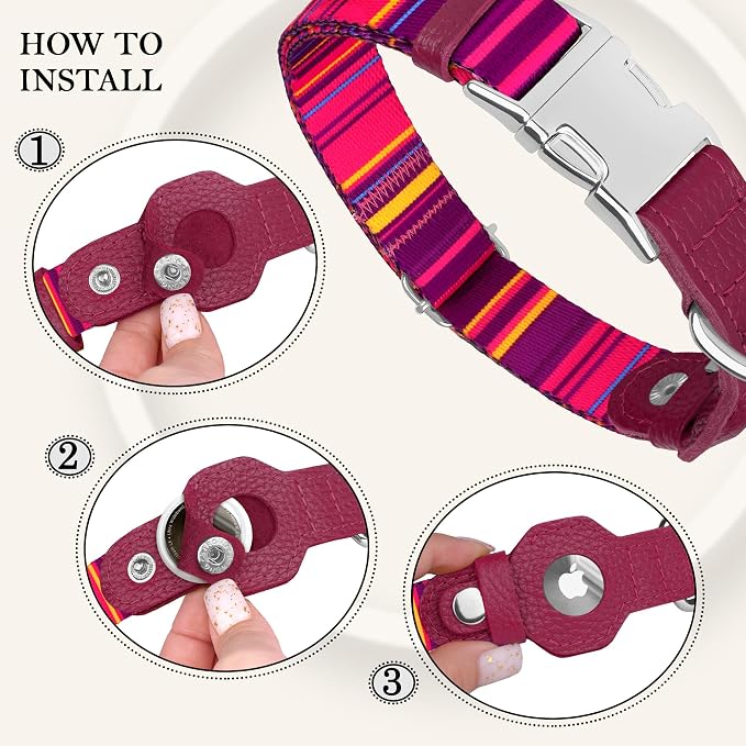 AirTag Dog Collar for Small Medium Large Breed - Adjustable Cute Pattern Dog Collar with Airtag Holder - Soft Leather Tracker GPS Apple Air Tag Pet Collars (X-Small, 9"-12" Neck Fit, Striped)