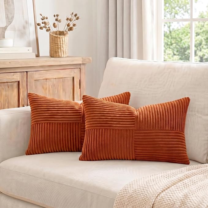 Fancy Homi Burnt Orange Lumbar Decorative Throw Pillow Covers 22x14 Inch for Living Room Couch Bed, Boho Farmhouse Fall Home Decor, Soft Corduroy Corss Patchwork Cushion Case 35x55 cm