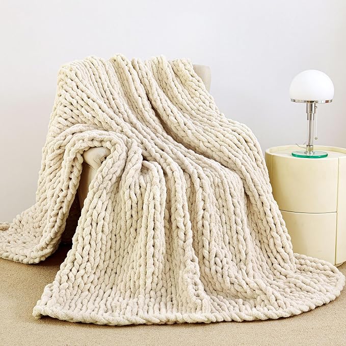 Chunky Knit Blanket Throw for Couch, 51"x63" Chunky Yarn Knitted Blankets | 100% Hand Knit Thick Chenille, Soft Breathable for Bed, Sofa, Home Decor, Cozy Gifts for Women Friends, Ivory
