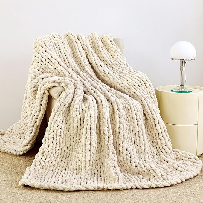 Chunky Knit Blanket Throw for Couch, 60"x80" Chunky Yarn Knitted Blankets | 100% Hand Knit Thick Chenille, Soft Breathable for Bed, Sofa, Home Decor, Cozy Gifts for Women Friends, Ivory
