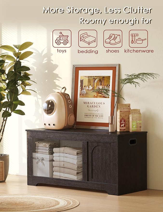 Storage Chest, Wooden Toy Box, Espresso 39.4" L | Entryway Shoe Bench, 2 Soft-close Hinges, Finger-safe Flip-Top Lid, Easy Assembly, Farmhouse Large Trunk, Living Room/Bedroom