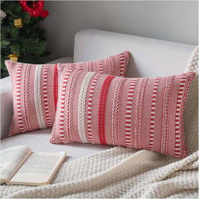 Cethom Christmas Pillow Covers 12x20 Inch Set of 2, Farmhouse Boho Christmas Decorative Couch Pillow Cases, Red Accent Pillows of Bed, Sofa Bedroom Living Room Home Decor Cushion Cover