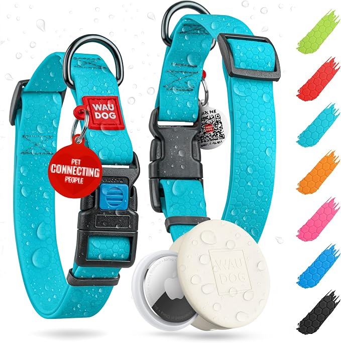 WAUDOG Waterproof Dog Collar Airtag Holder QR Tag Small Medium Large Dogs | Water and Dirt Resistant, Quick Dry QR Pet Tag Adjustable Durable Comfort for Male and Female Dogs Outdoor Walking Training