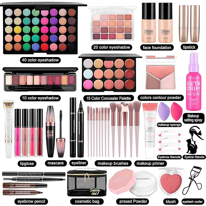 Makeup Set for Women Full Kit Include Eyeshadow Concealer Palette Lip Gloss Lipstick Eye Pencil Makeup Brushes, All In One Makeup Gift Set For Teen Girls and Beginner, Stocking Stuffers for Teen Girls