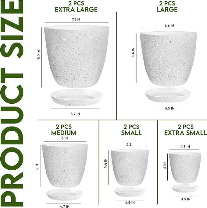Plant Pots Indoor with Drainage 10 Pack Multi-Size Planters Set Spotty Grey | Drainage holes included Multiple sizes 7/6.6/6/5.3/4.8 In Indoor plants and flowers Durable plastic construction