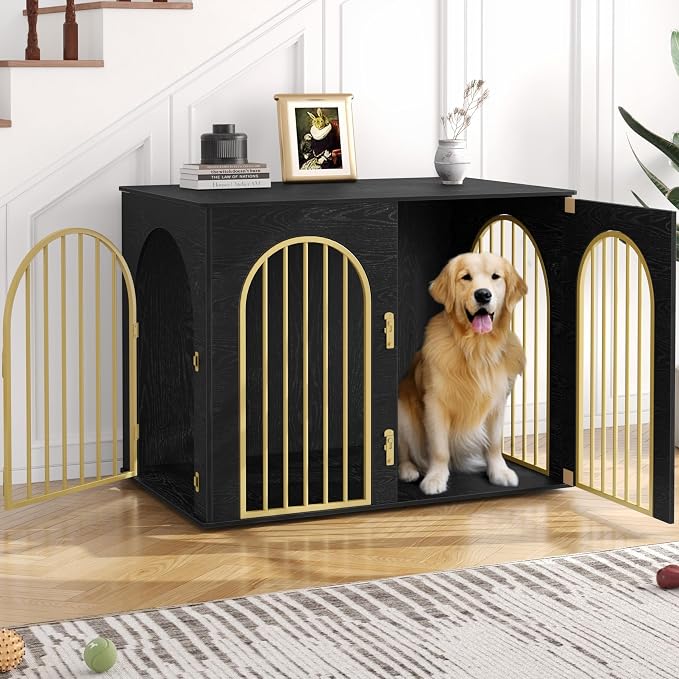Hzuaneri 44.1'' Dog Crate Furniture,Dog Kennel Indoor for Medium/Large Dogs | Dog Kennel Furniture Wooden Dog Cage Heavy Duty Dog Crate Decorative Pet House End Side Table TV Stand,Black Gold DFC83904A