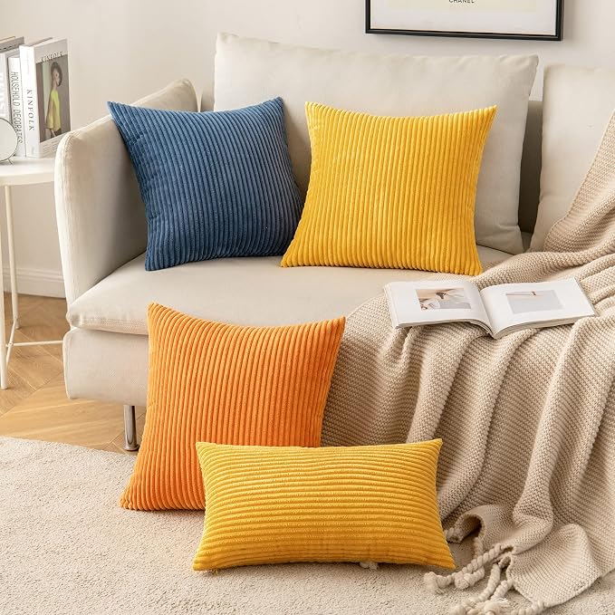 MIULEE Soft Corduroy Throw Pillow Covers Set of 2 20x20 Mustard Yellow | Decorative Striped Textured Cushion Cases, Boho Rustic Square Pillowcases, Home Decor for Couch Chair Sofa Bed Living Room