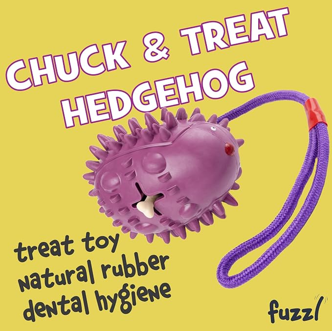 Fuzzl Eco Rubber Chuck & Treat Hedgehog - Purple - Long Lasting Dog Chew Toys for Aggressive Chewers Strong Dog Toy for Dogs Durable Puppy Toys