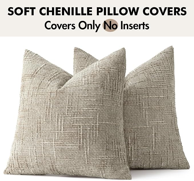 MIULEE Chenille Textured Throw Pillow Covers Light Brown 18x18 Set of 2 | Slubby Decorative Pillows, Boho Farmhouse Home Decor, Modern Neutral Cushion Covers for Couch Sofa Bed Living Room