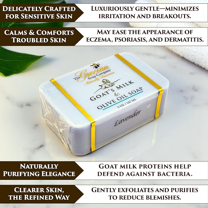 The Grecian Soap Company Goat Milk & Olive Oil Soap Bar 3-Pack – Lavender Scent, Natural Bar Soap for Dry & Sensitive Skin, Moisturizing & Nourishing Body & Face Soap Bars, Handmade in USA