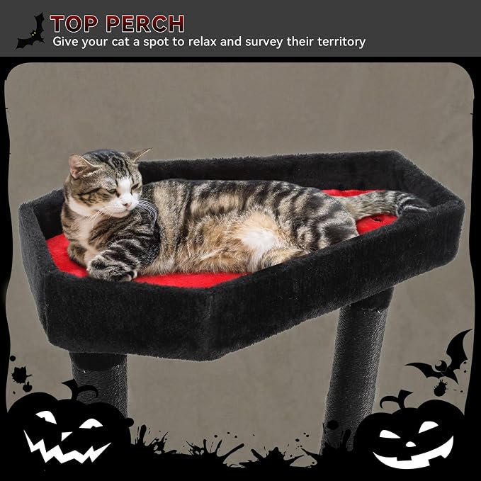 YITAHOME Gothic Cat Tree with Coffin Bed, 60" Tall Cat Tower for Indoor Cats with Top Perch, Spacious Cat Condos, Spider Hanging Balls,Comfy Basket, Scratching Post and Ladder, Black Halloween