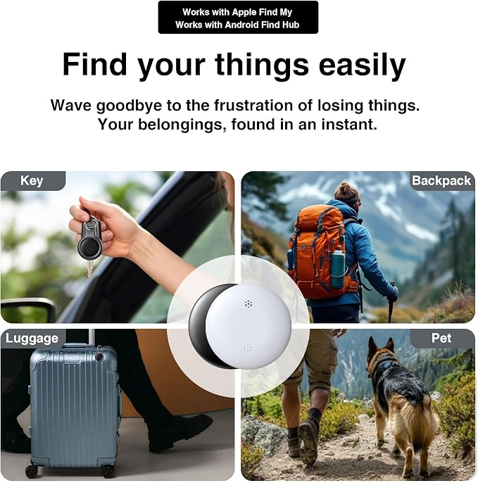 Bluetooth Tracker Works with Apple Find My & Android Find Hub – Key Finder for Keys & Pet Collar, No Monthly Fee, Loud Alarm, Replaceable Battery(2 Pack, Black)