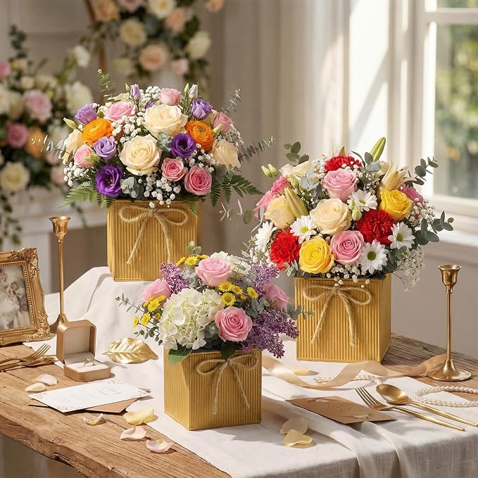 12 Pack Galvanized Square Vases with Floral Foam, 3.5 inch Waterproof Rustic Tin Buckets with Twine Bows, Mini Farmhouse Metal Planter Centerpieces for Wedding Party Table Decor (Gold)