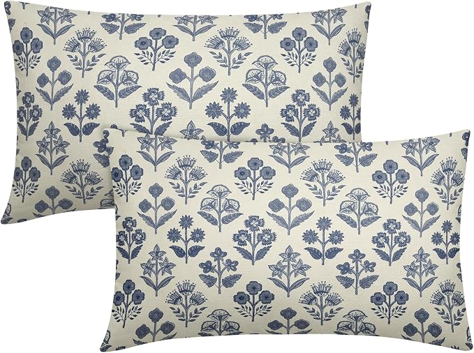 Dark Blue Floral Pillow Covers 12x20 Inch Set of 2, Block Print Lumbar Flower Cream Decorative Throw Pillowcases Outdoor Farmhouse Rectangle Cushion Covers Spring Summer Sofa Couch Bed Decor